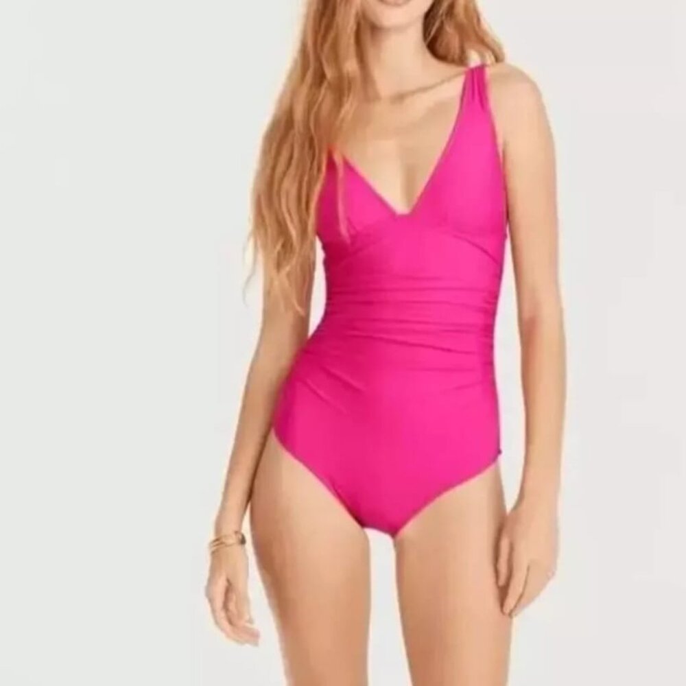 J.Crew Women's Ruched V Neck One Piece Swimsuit Radiant Fuchsia BC116 Size 20‎